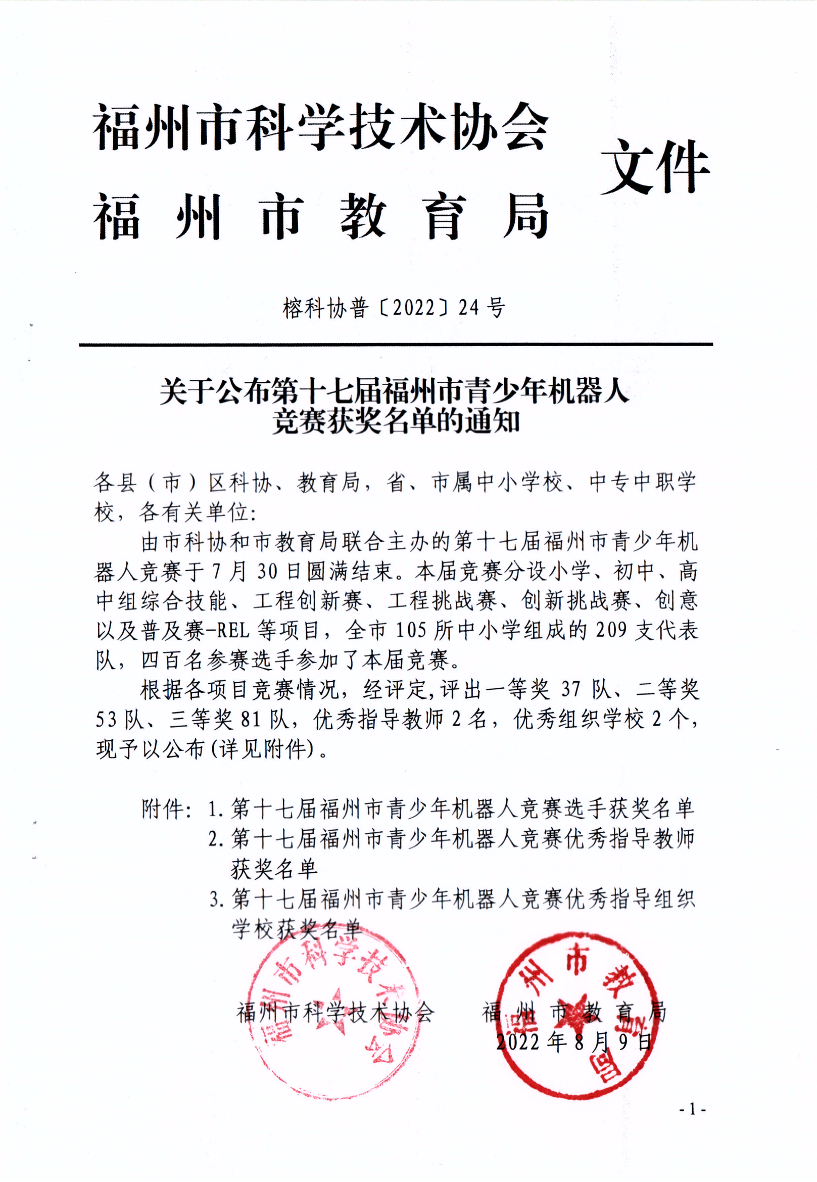關于公布第十七屆福州市青少年機器人競賽獲獎名單的通知